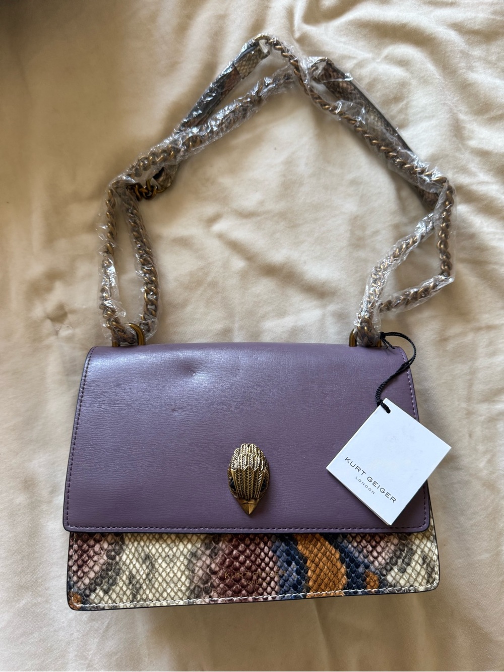 Purple Leather & Snakeskin Accent Shoulder Bag with Gold Hardware